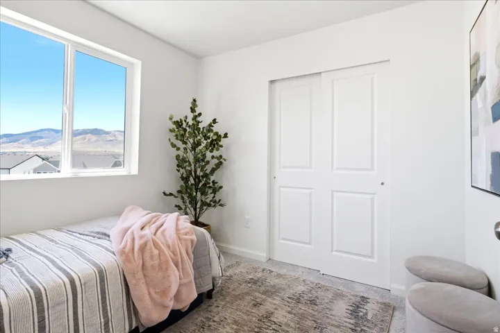Bright room featuring a large window with distant mountain scenery, plush grey carpeting, and white sliding closet doors