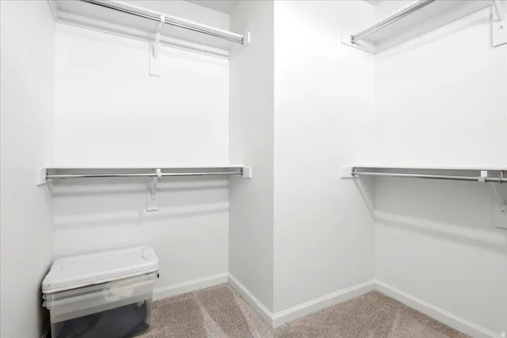 Walk-in closet featuring light-toned carpeting and white shelving with hanging rods