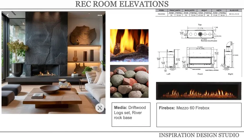 Architectural Drawings. Detailing specifications and visual representations for a recreational room fireplace installation