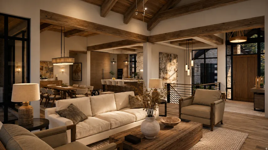 Vaulted ceiling with exposed wood beams, wood-finish flooring, built-in kitchen island seating, and a large wood entry door with side light