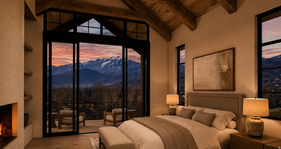 Wood-beamed vaulted ceiling with an integrated fireplace and built-in shelving