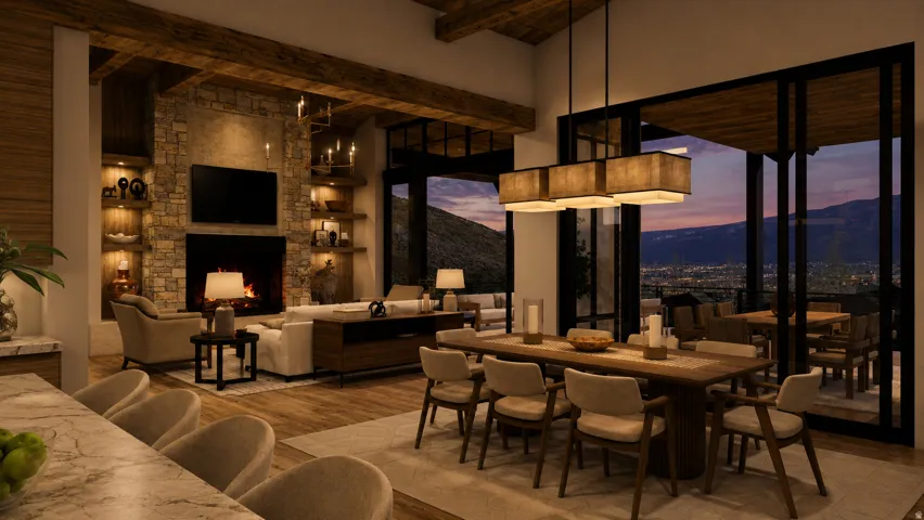Expansive living space featuring a stone-clad fireplace, wood-finish flooring, exposed beam ceiling, built-in shelving with integrated lighting, and large glass panel doors
