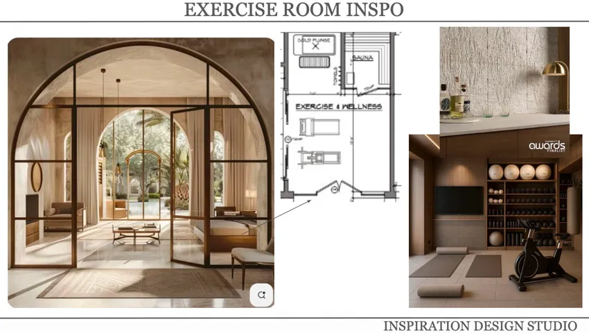 Design Inspiration Board. Illustrating conceptual plans and material selections for an exercise room within the property