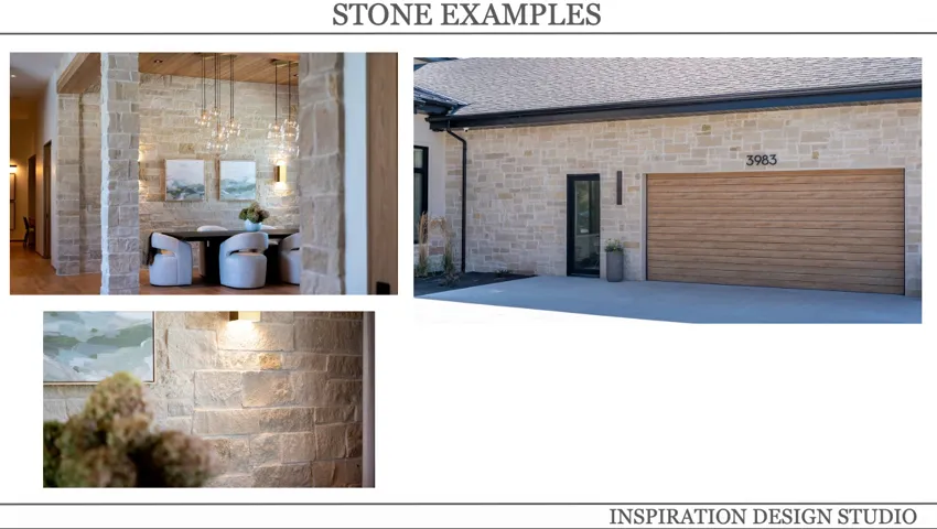 Design Material Examples. Illustrating various applications of stone materials in property construction and interior finishes