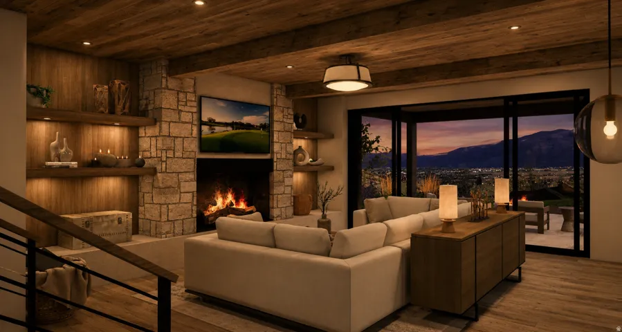 Sophisticated living room showcasing a wood-beamed ceiling, gas fireplace with stone surround, and expansive multi-panel glass doors framing mountain and twilight scenery
