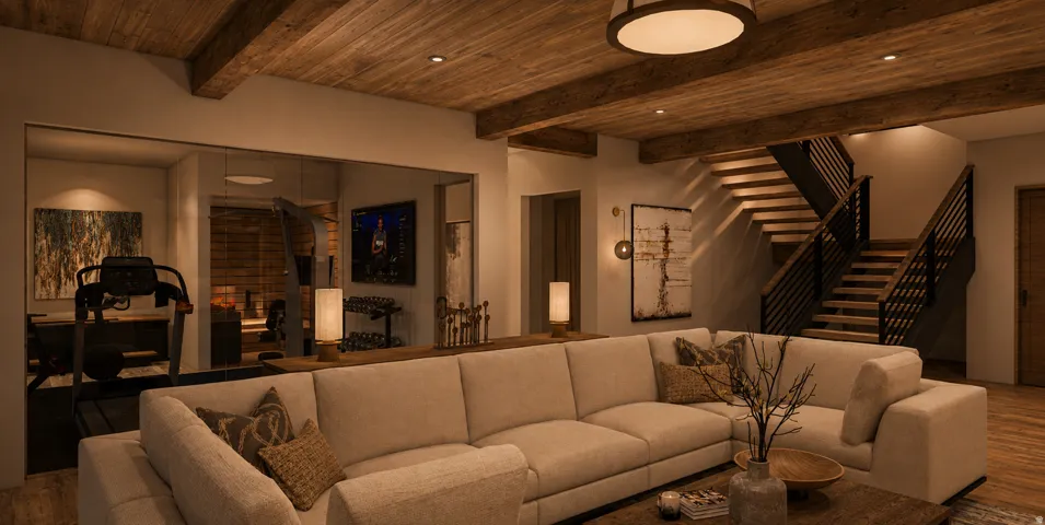 Exposed wood beam ceiling, wood-finish flooring, built-in staircase with metal railings, recessed lighting, and a dedicated exercise area