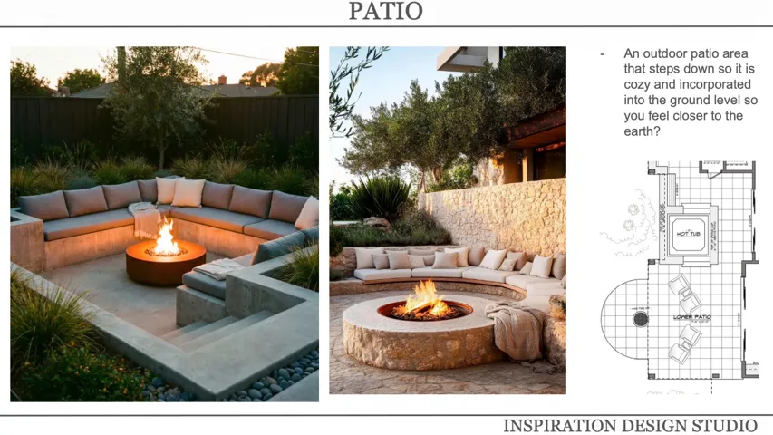 Architectural Design Document. Detailing an outdoor patio area with seating and a fire feature, including a floor plan layout