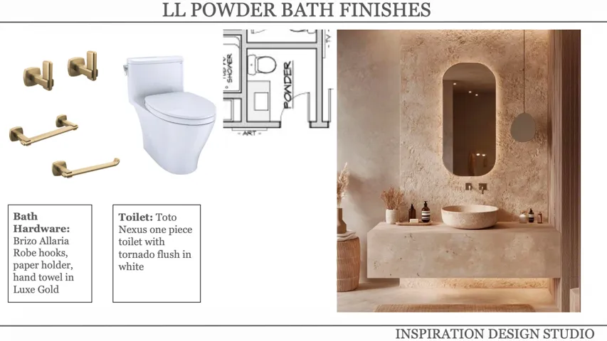 Design Specification. Detailing fixtures and finishes for the property's powder bath