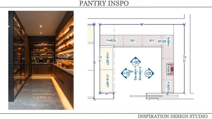 Walk-in pantry featuring extensive wood-finish cabinetry, a full-height glass-front storage unit, integrated countertop lighting, recessed ceiling lighting, and tile flooring