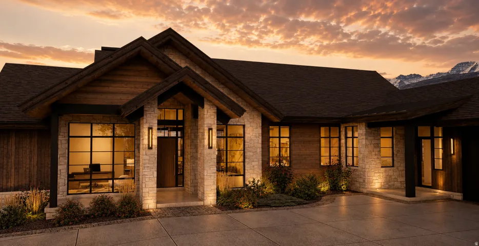 Stone and wood siding exterior with a dark shingle roof, multiple windows, and a prominent entry
