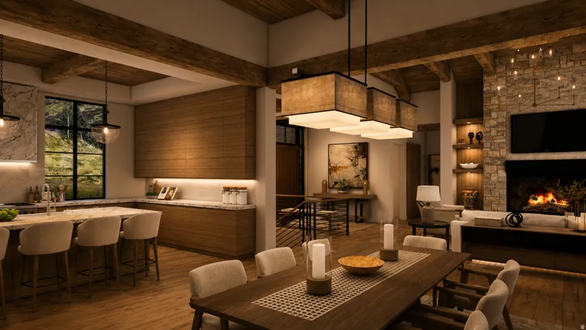 Exposed wood beam ceiling, wood-finish flooring, stone-clad fireplace with built-in shelving, kitchen island with seating, and integrated under-cabinet lighting