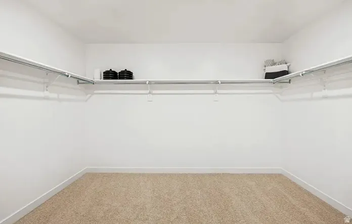 Walk-in closet featuring light beige carpeting, white walls, and white baseboards