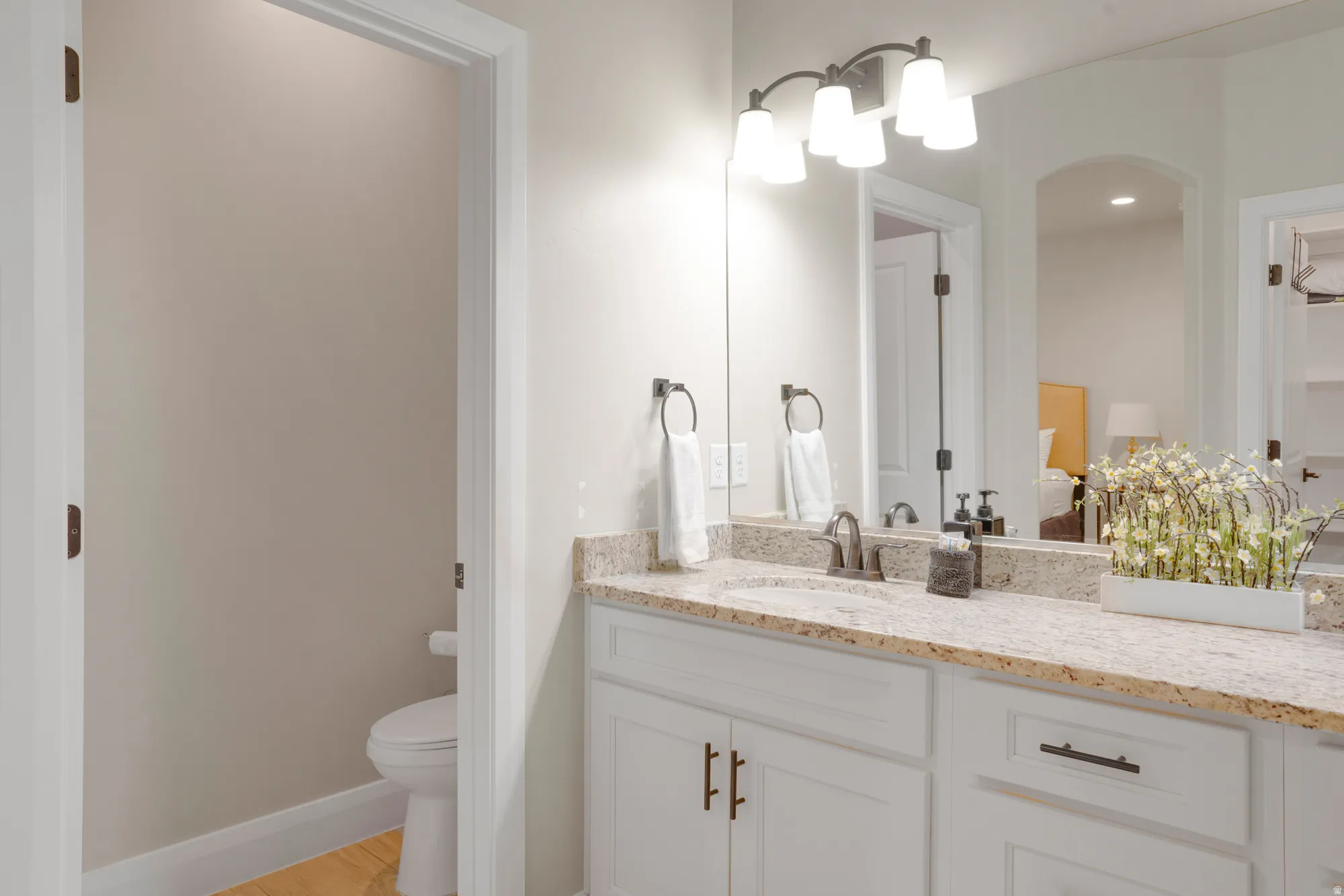 Bathroom vanity featuring a light granite countertop with an undermount sink, white cabinetry with dark hardware, a framed mirror, and a four-light fixture