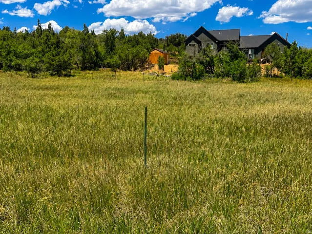 Expansive natural landscape featuring a distant residence with a dark roof and light-colored siding, surrounded by mature trees