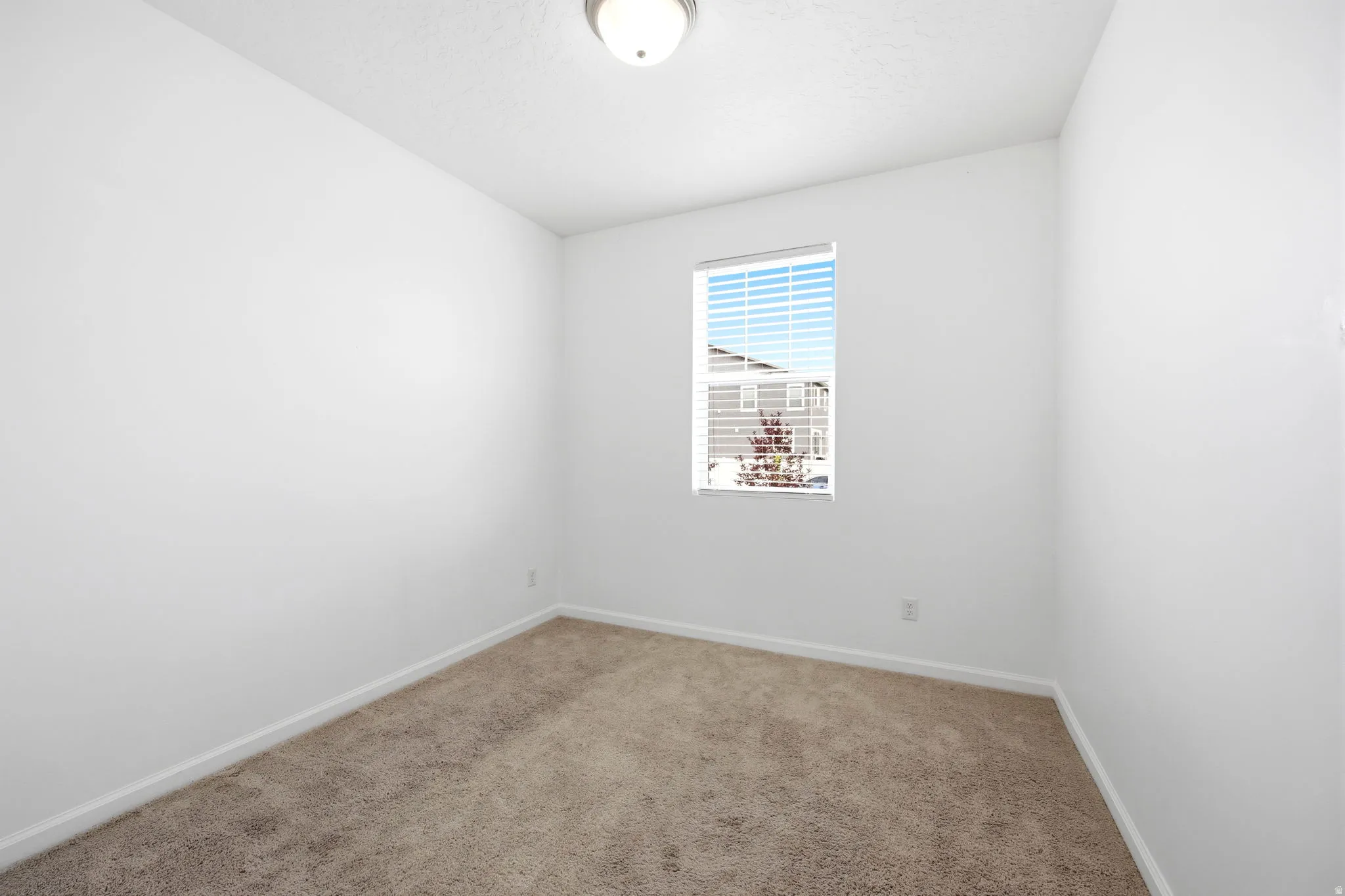 Neutral-toned carpet flooring complements the white walls and trim
