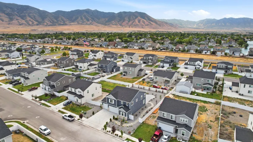 Aerial perspective showcasing a residential neighborhood with varied architectural styles