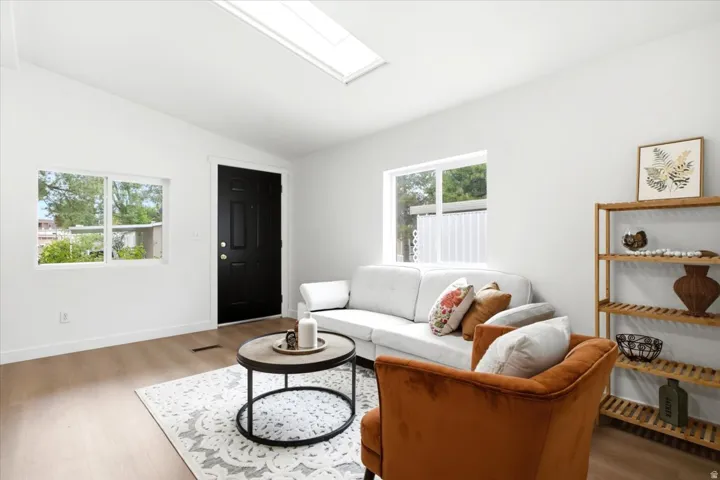 Bright living area featuring wood-finish flooring, a contemporary black entry door, and a prominent skylight