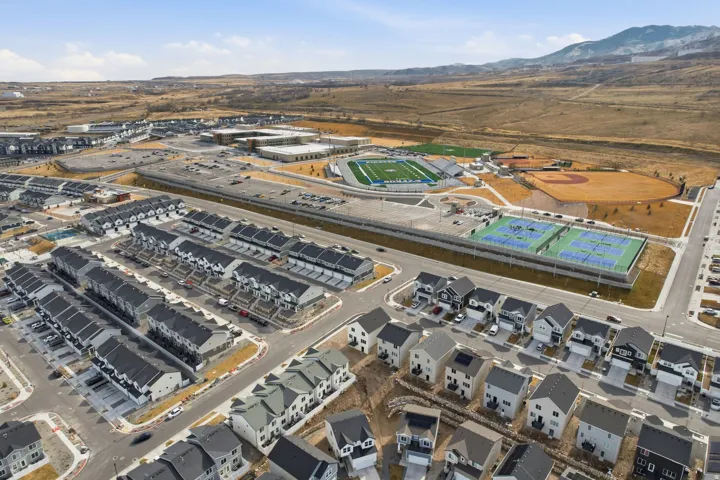 Aerial perspective showcasing a residential community with varied housing styles