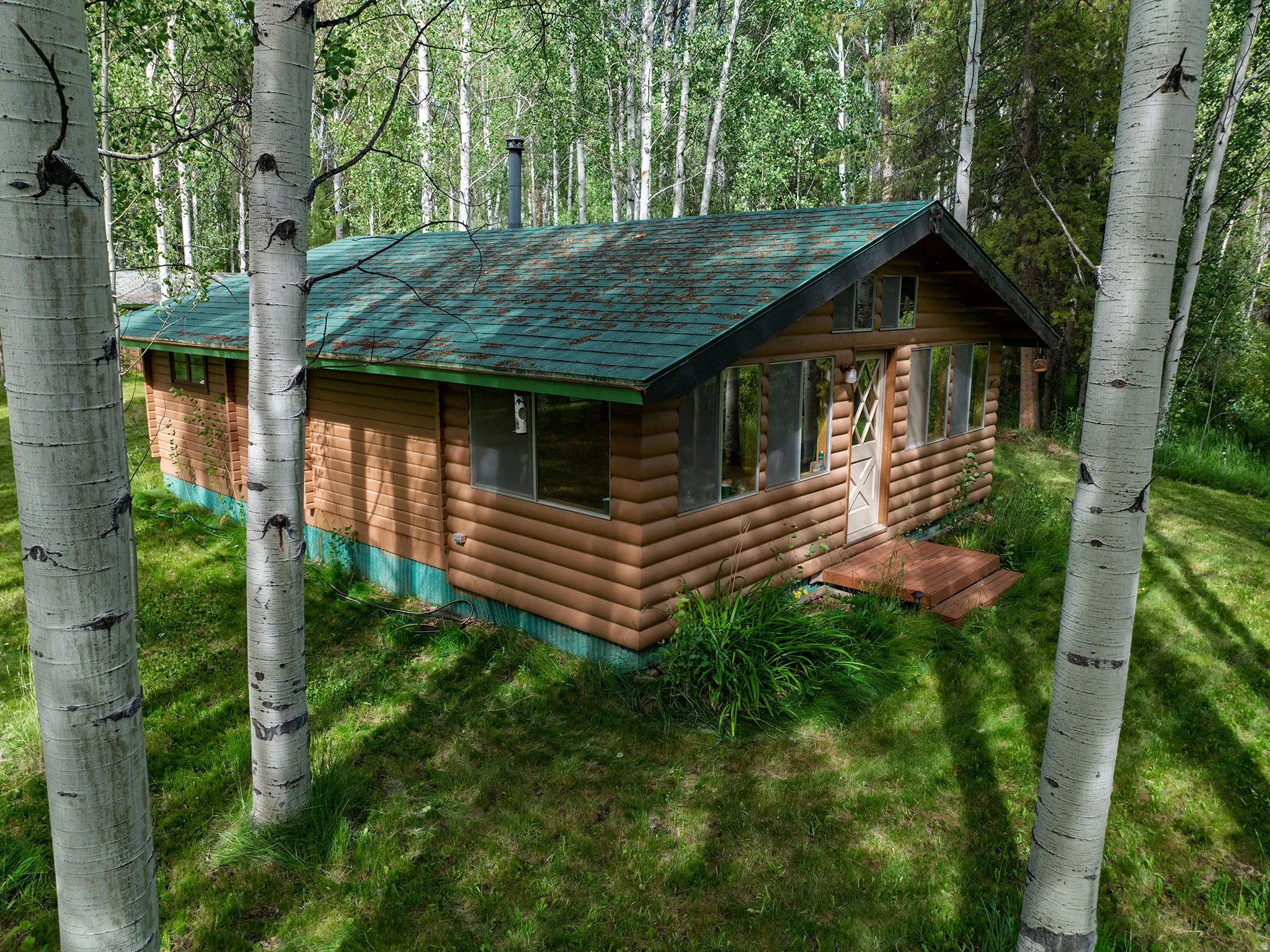 Cabin exterior featuring log siding, a green shingle roof, and multiple windows
