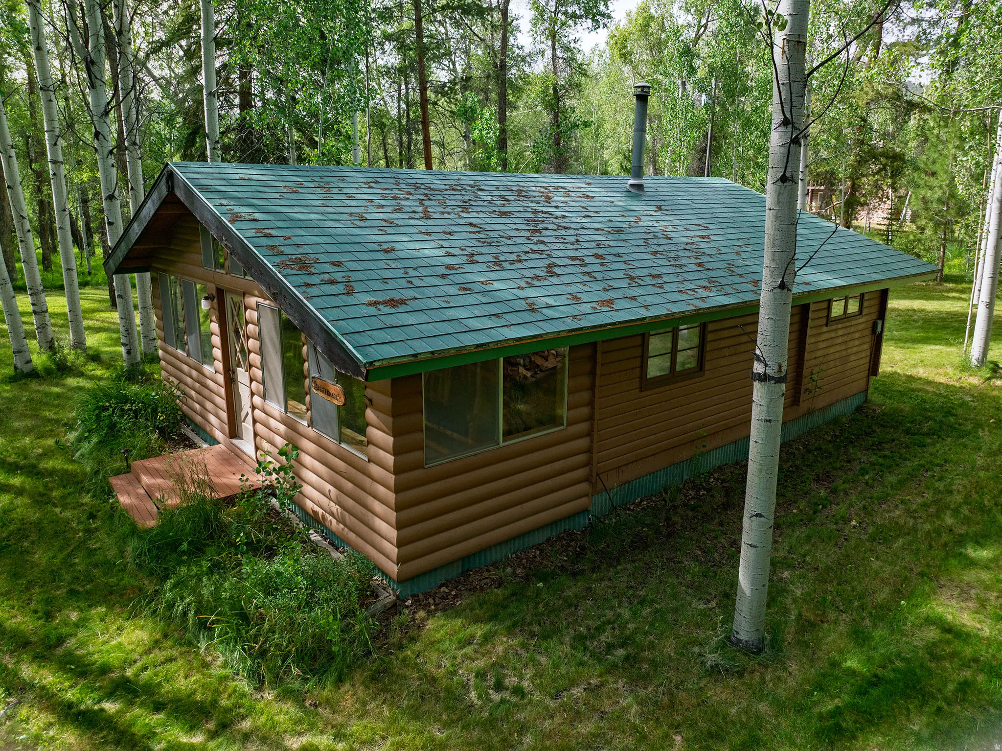 Log-sided cabin with a green asphalt shingle roof