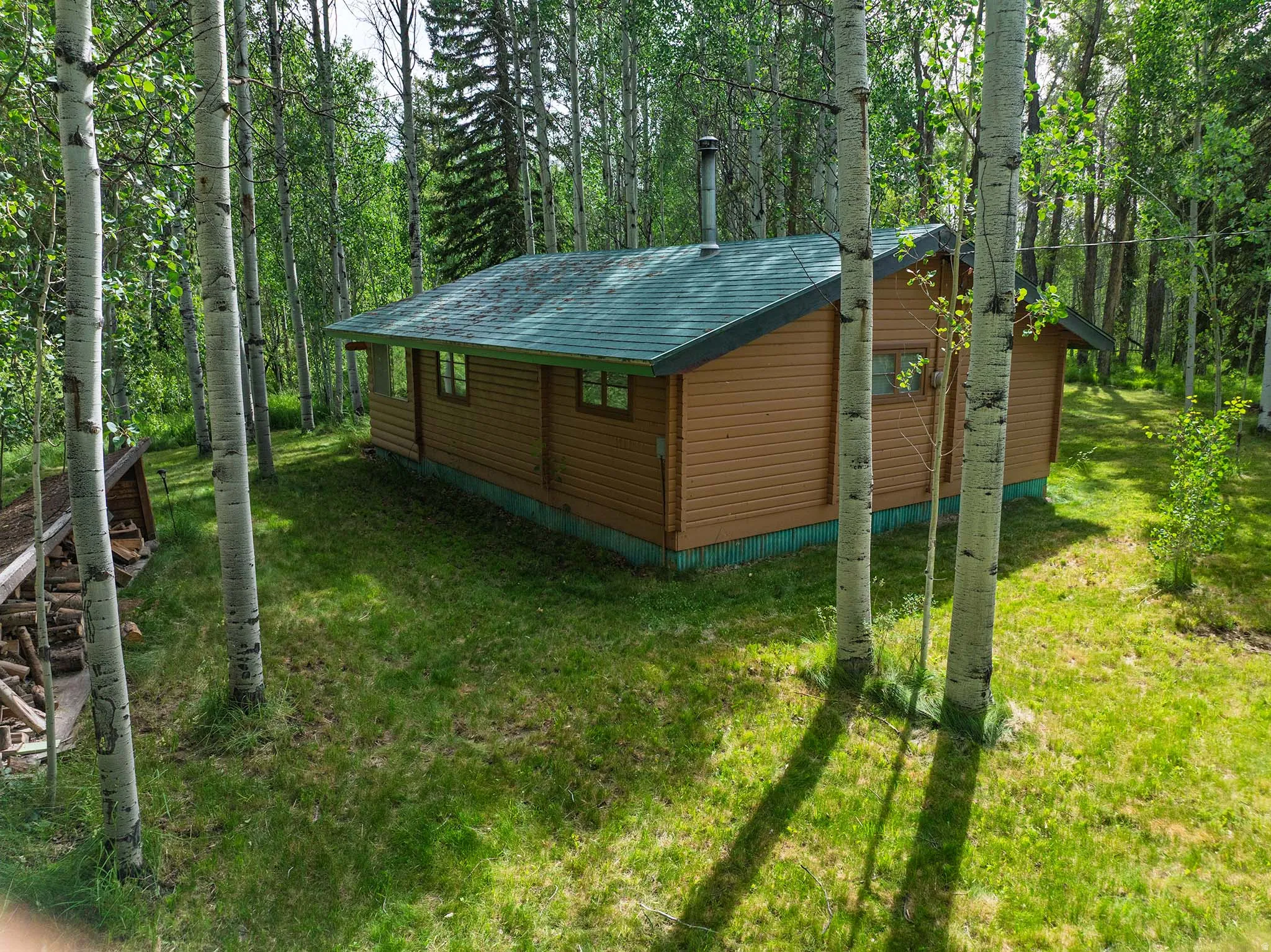 Wood-sided cabin featuring a dark green asphalt shingle roof