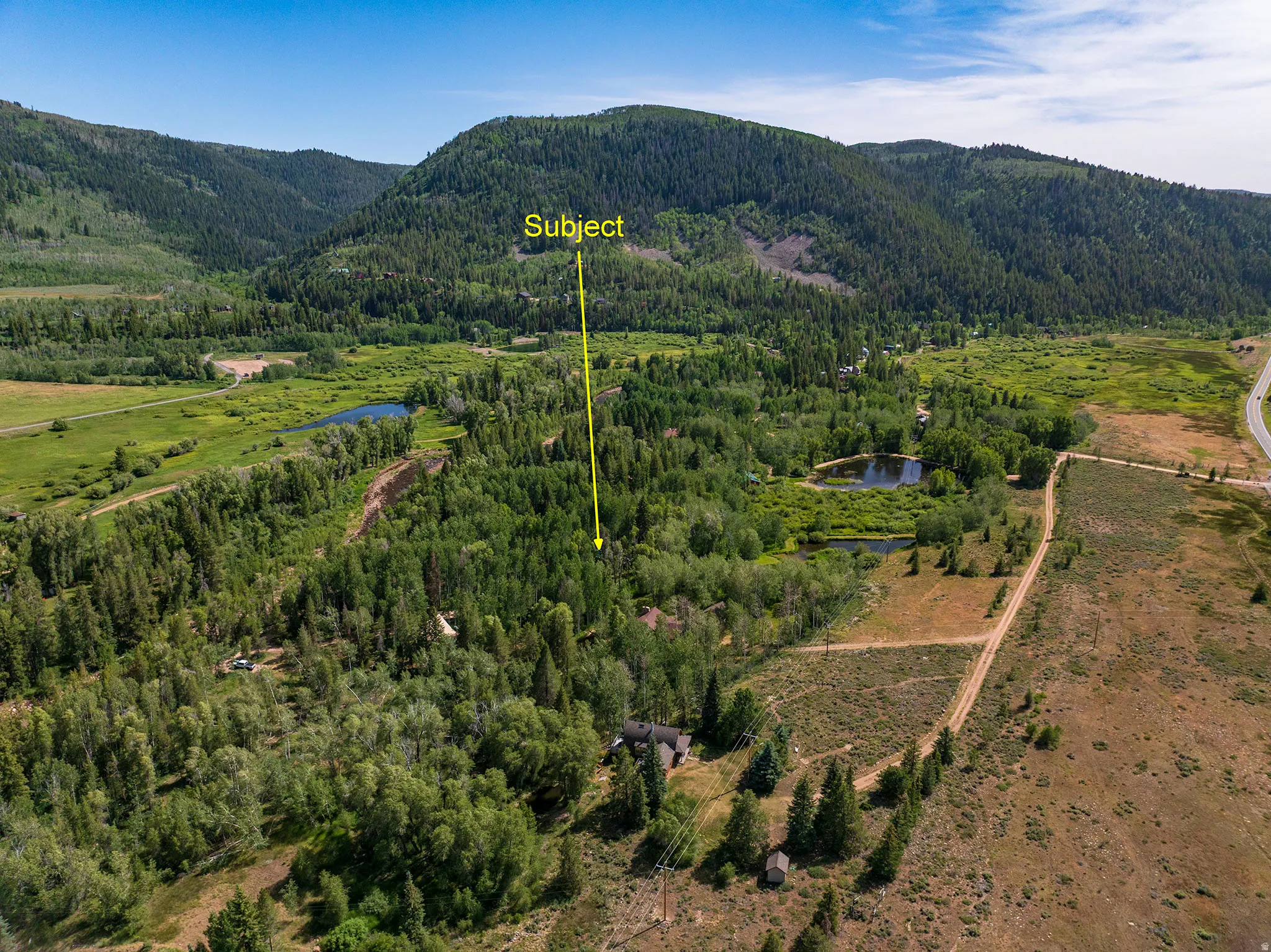 Expansive property featuring a mountainous backdrop, mature tree coverage, and a natural pond