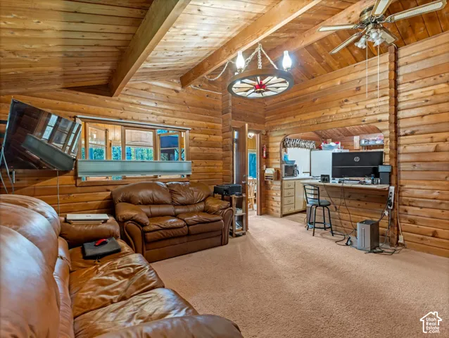 Vaulted wood-paneled ceiling with exposed beams, wood-plank walls, and an arched pass-through opening