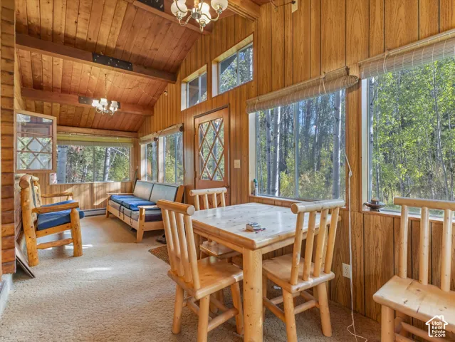 Vaulted wood-finish ceiling, wood-finish paneling, multiple windows, double-pane glass door with diamond grid