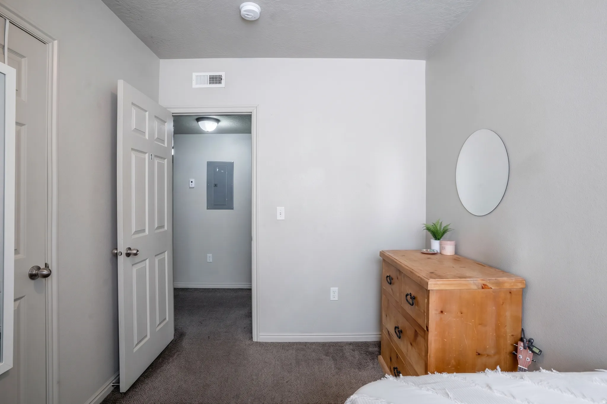 Neutral wall colors with carpeted flooring, featuring a paneled interior door, a ceiling-mounted smoke detector, and a flush-mount ceiling light fixture in the hallway
