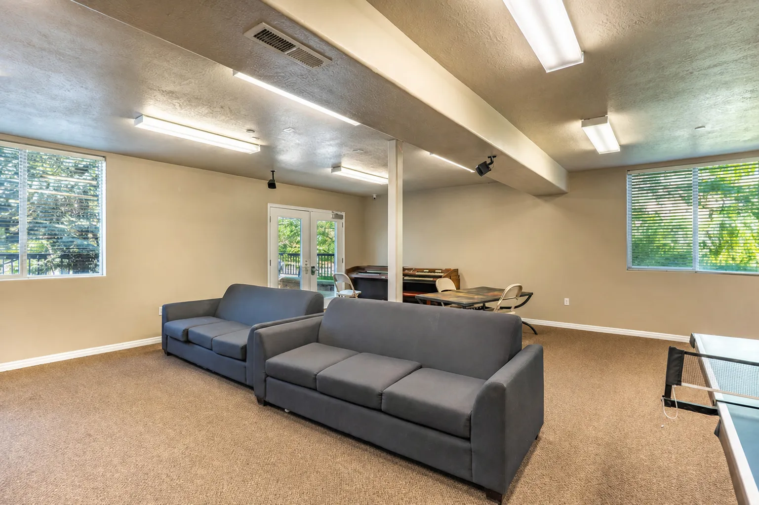 Spacious lower-level room featuring light tan walls, carpeted flooring, and multiple windows with horizontal blinds
