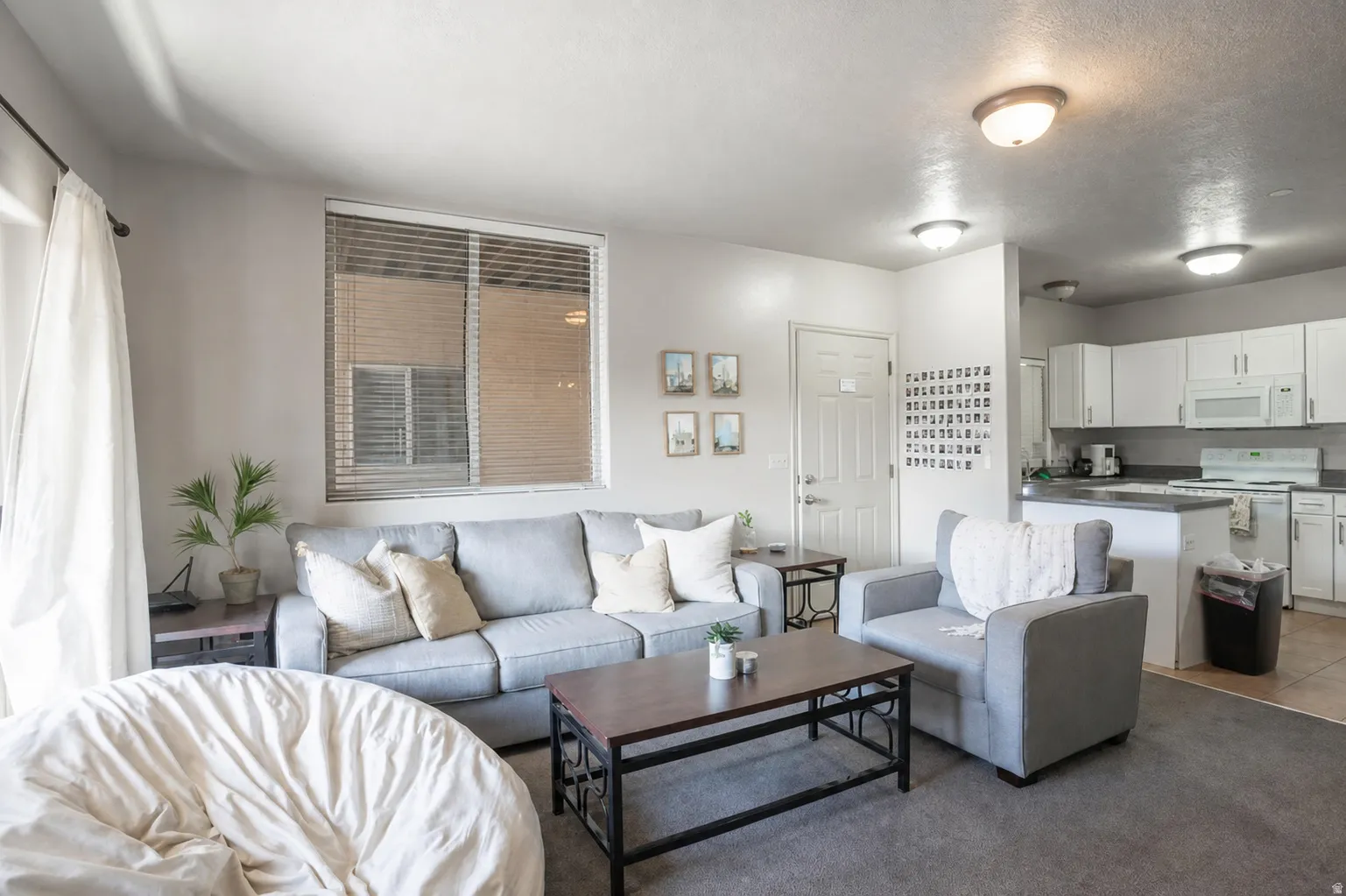 Open-concept living space featuring neutral gray carpeting and white painted walls