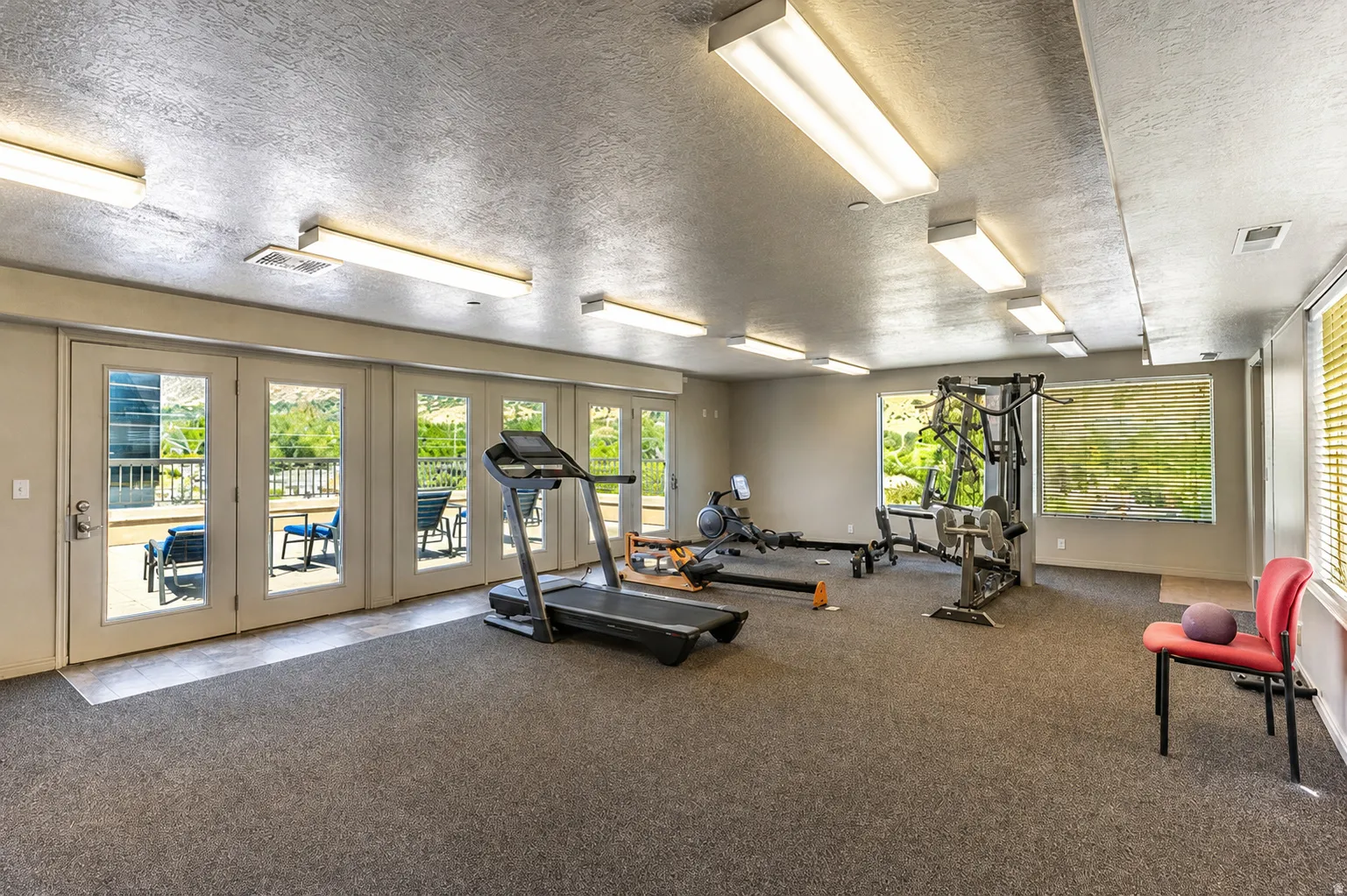 Spacious room with grey textured carpeting and multiple windows