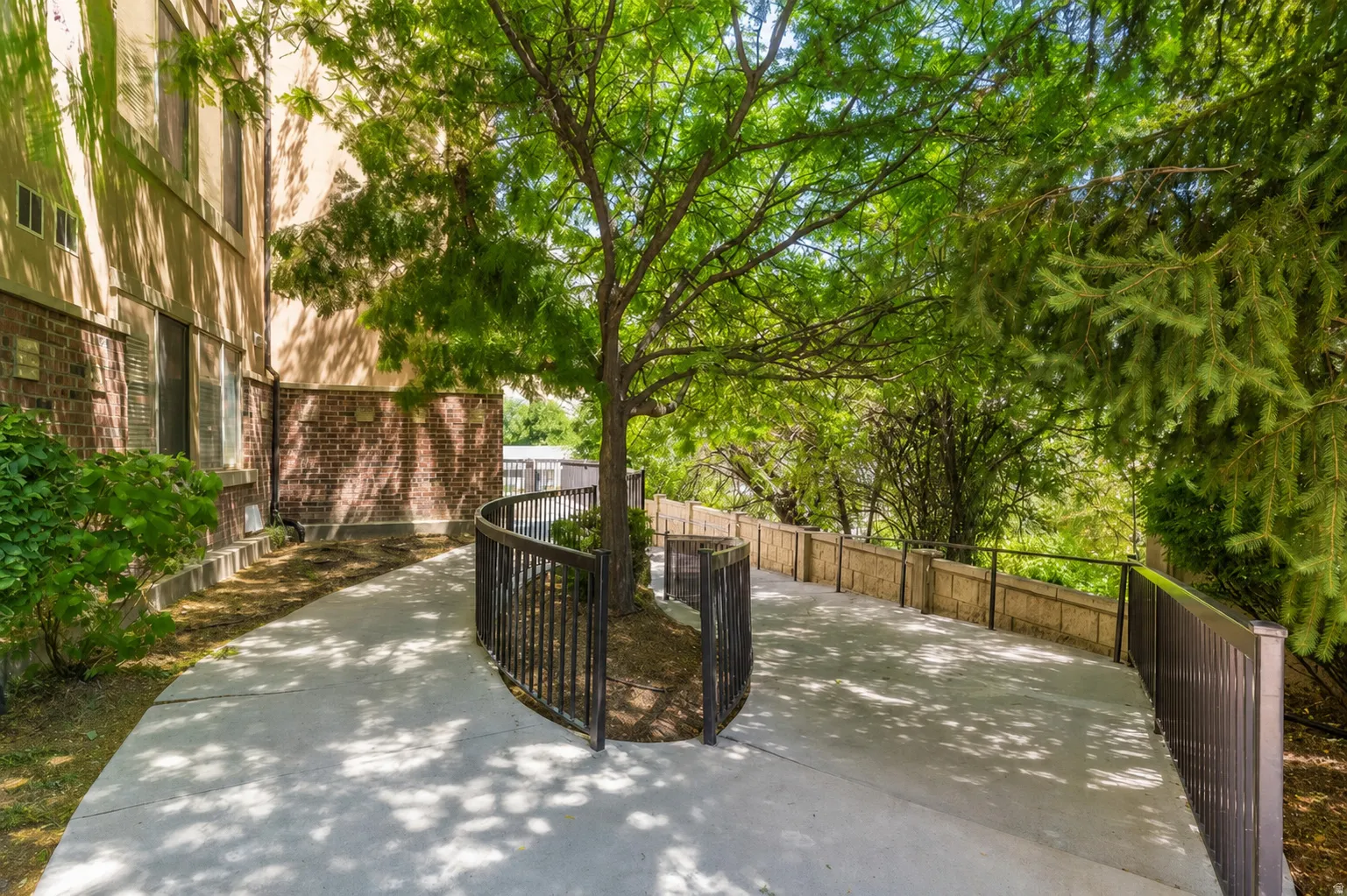 Concrete pathway featuring a curved wrought iron railing and mature tree canopy