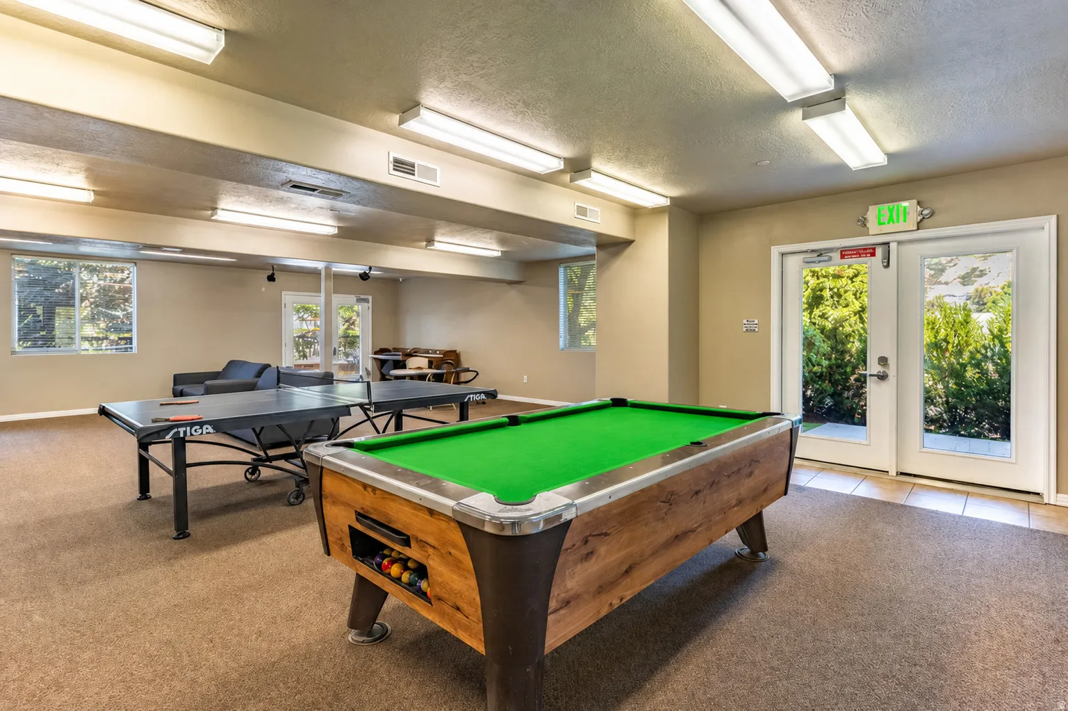 Recreational room featuring carpet flooring, recessed lighting, multiple windows, and exterior double doors with glass panels