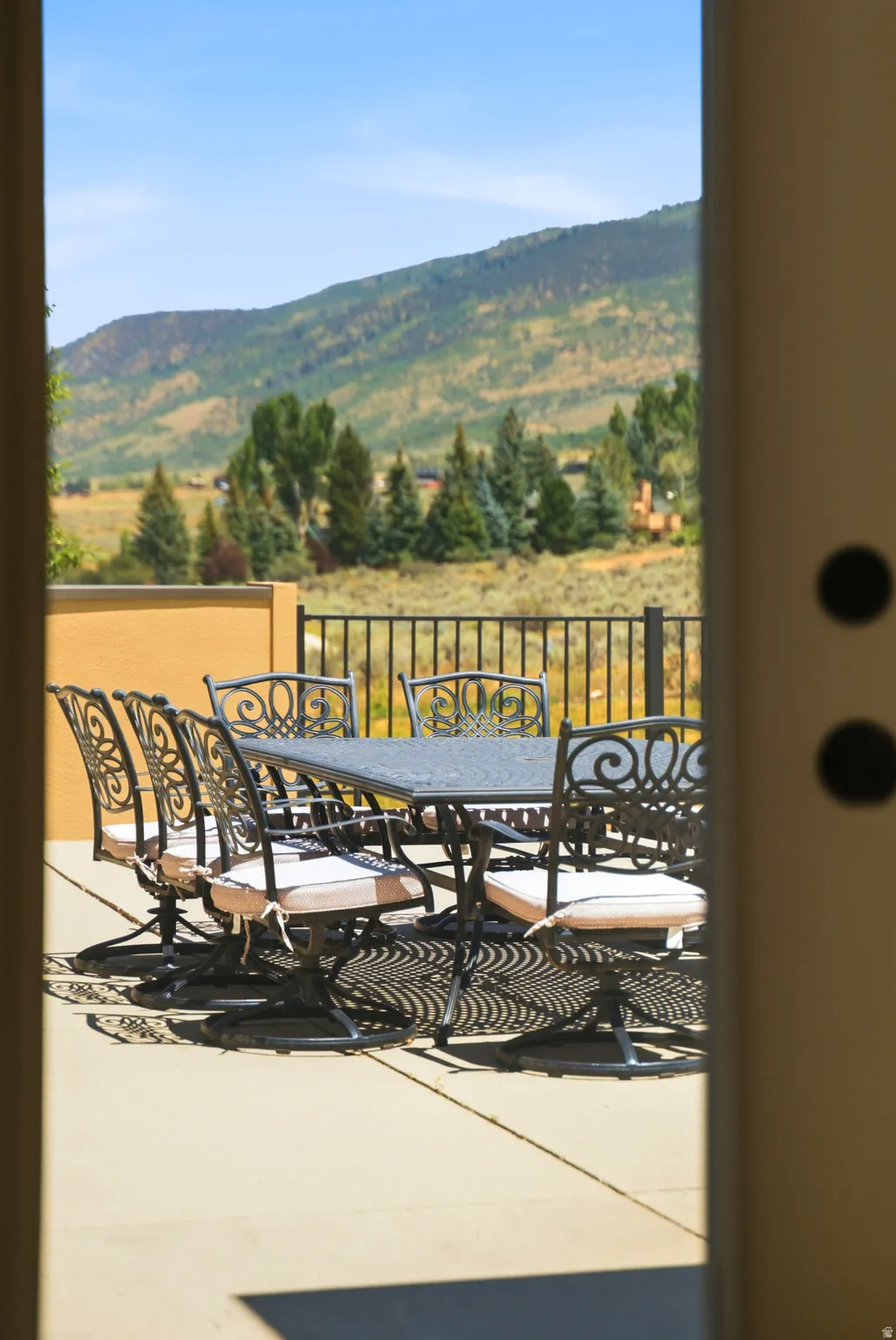 Expansive outdoor patio with a concrete surface and black wrought iron railing