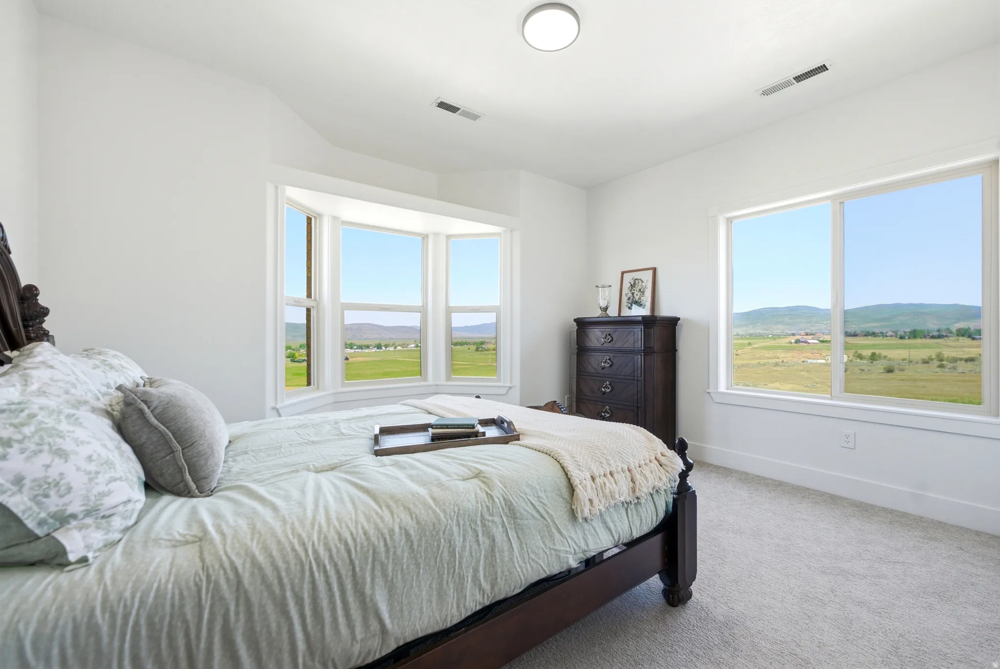 Bright room featuring a large bay window, an additional picture window, and neutral carpeting