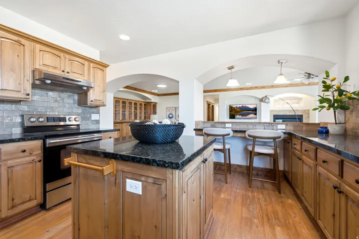 Kitchen featuring wood-finish flooring and cabinetry, dark stone countertops, a tile backsplash, and stainless steel appliances