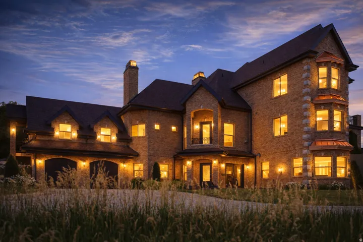 Brick exterior residence featuring multiple bay windows with copper accents, a prominent two-car garage, and a central arched entry