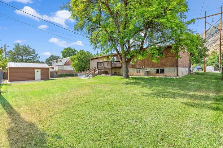 Expansive grassy yard featuring a large shade tree, a brick-sided residence with a raised deck, a separate brown outbuilding with a white door, and a mountainous backdrop