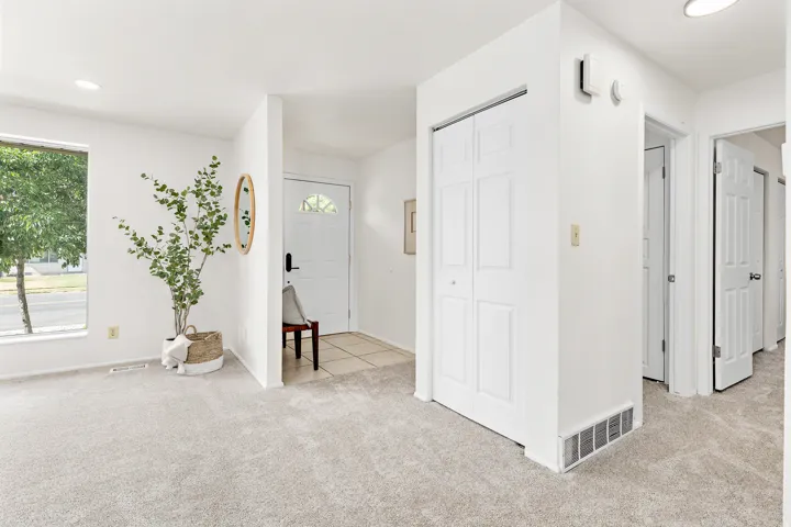 Light gray carpet flooring extending through the living area