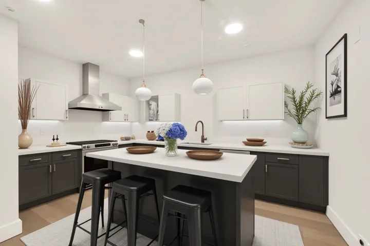 Virtual kitchen featuring a central island, two-tone cabinetry, stainless steel appliances, a wall-mounted range hood, and wood-finish flooring