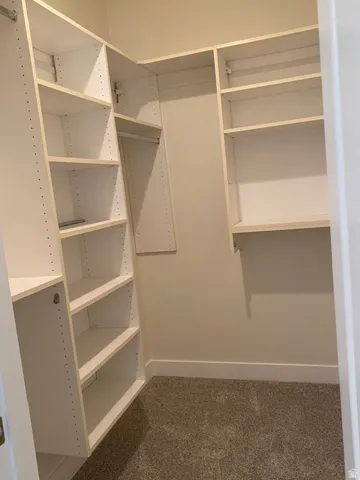Custom closet system with multiple shelving units, hanging rods, and neutral-toned carpeting