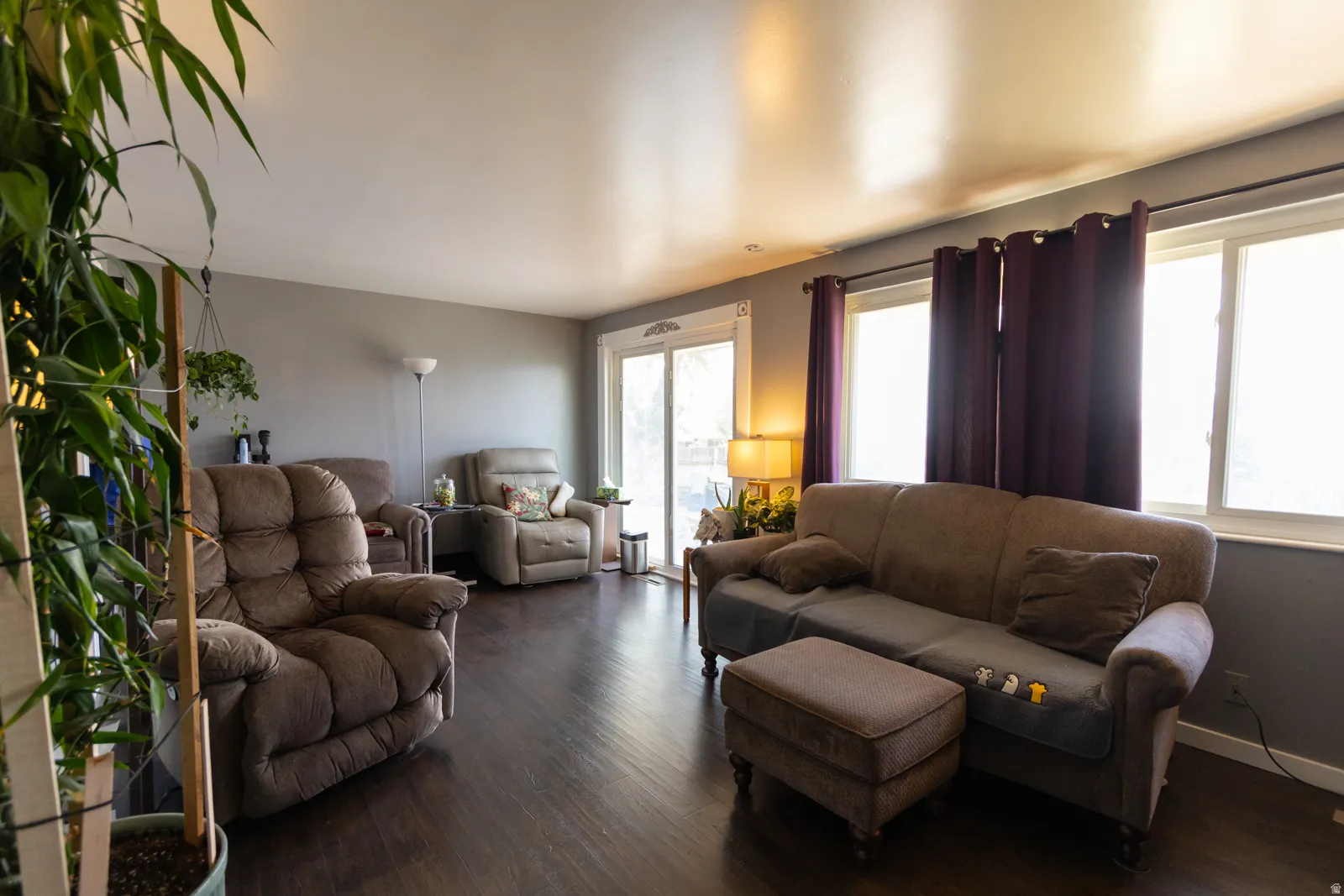 Spacious living area featuring dark wood-finish flooring, light gray walls, and multiple windows