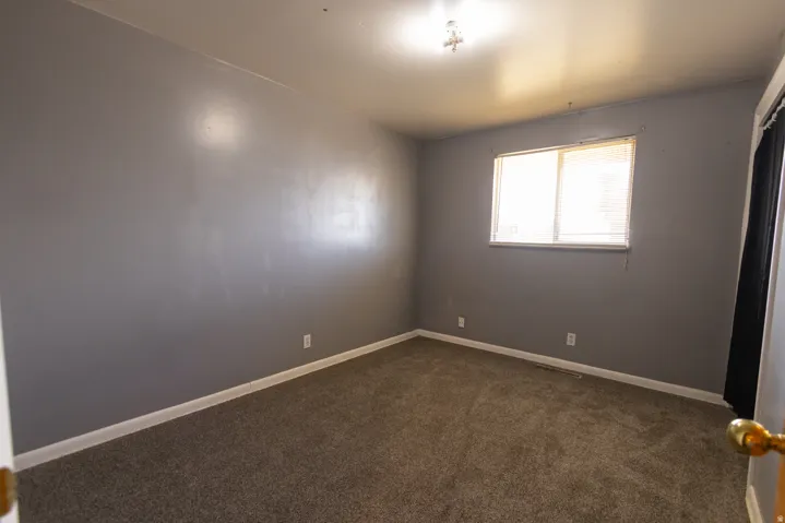 Carpeted room featuring a single window and neutral gray walls