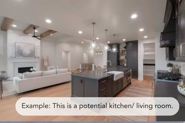Open-concept living space with wood-finish flooring