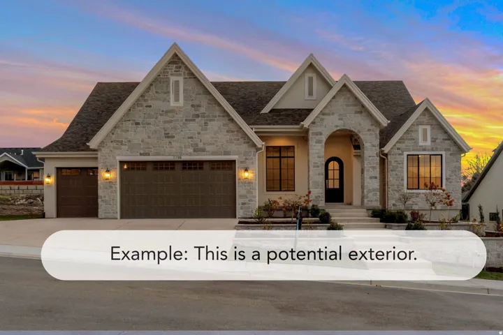 Stone and stucco exterior featuring multiple gables and a prominent arched entryway