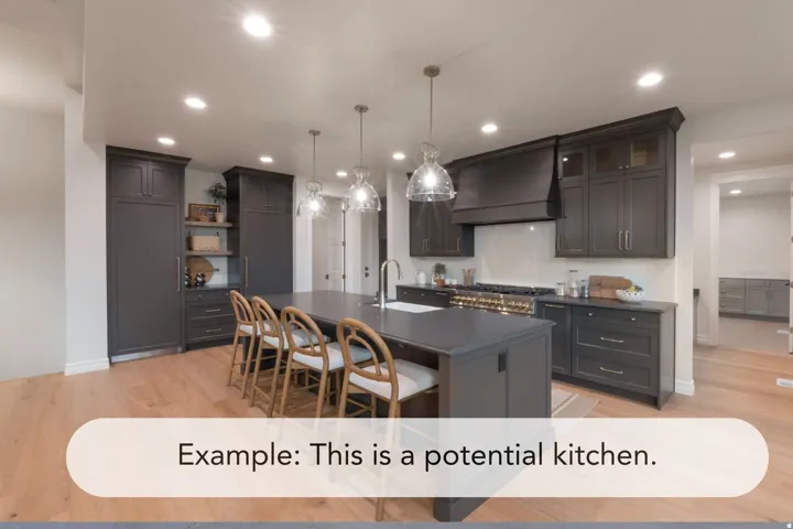 Spacious kitchen featuring dark cabinetry, a large central island with seating, pendant lighting fixtures, a white tile backsplash, and wood-finish flooring