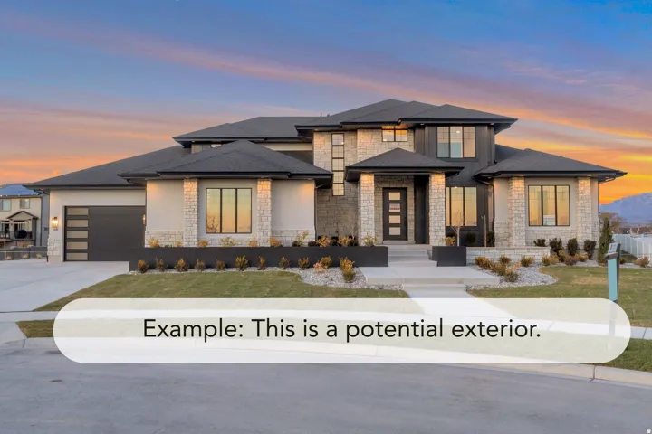 Contemporary residence featuring a multi-textured facade with stone accents and dark trim
