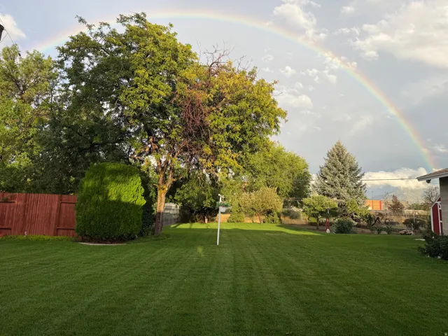 Expansive grassy lawn with mature trees and a wood-panel fence