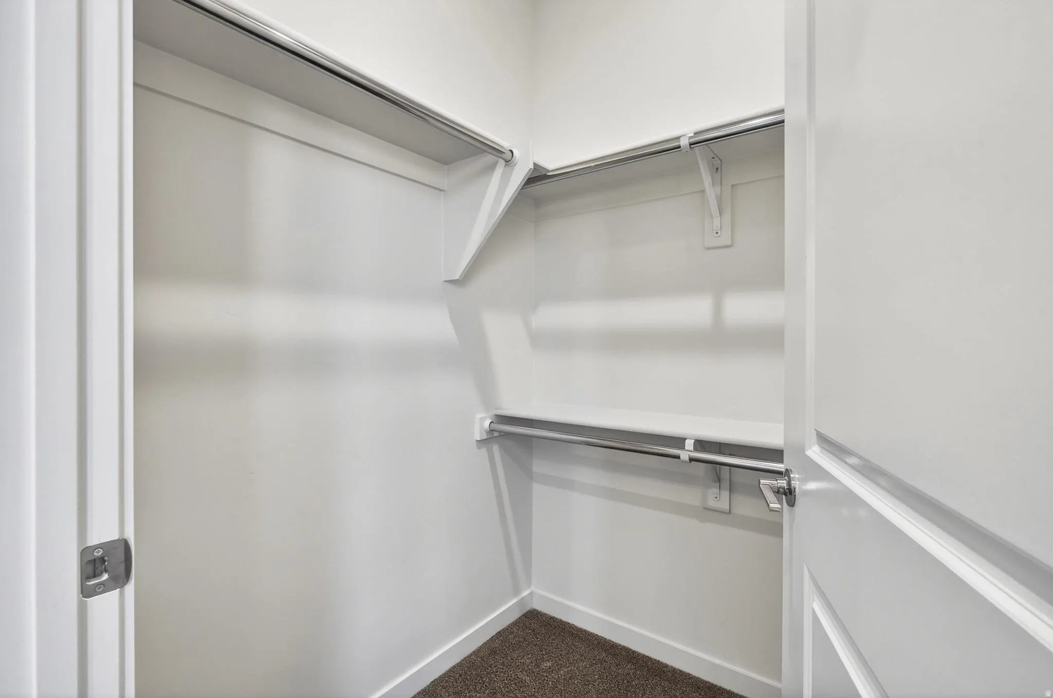 Walk-in closet featuring white walls, white shelving, chrome hanging rods, and dark brown carpet flooring